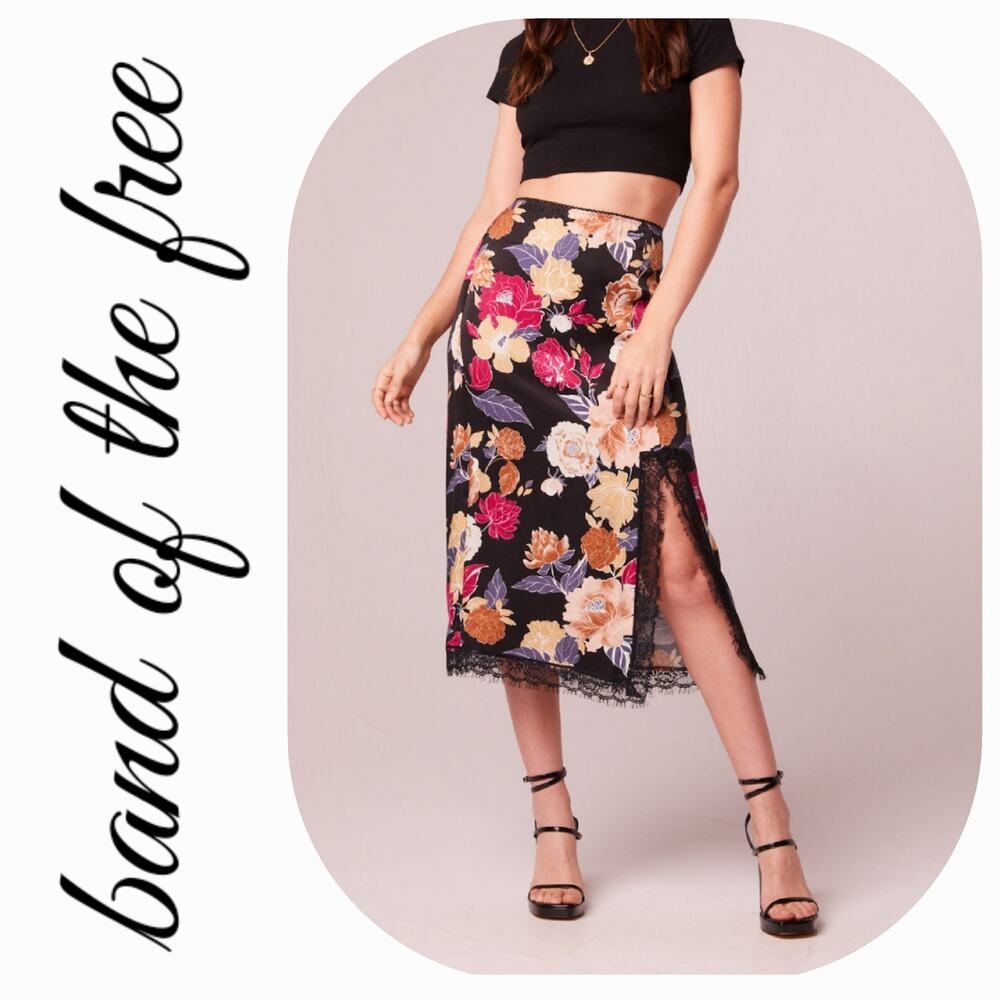NWT Band of the Free Lilou Floral‎ Lace Slip Midi Skirt Sz. S [4-6] Black Berry